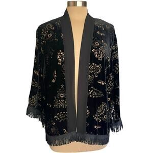 Band of Gypsies Womens SMALL Black Velvet Burnout Kimono Fringe Boho Whimsigoth